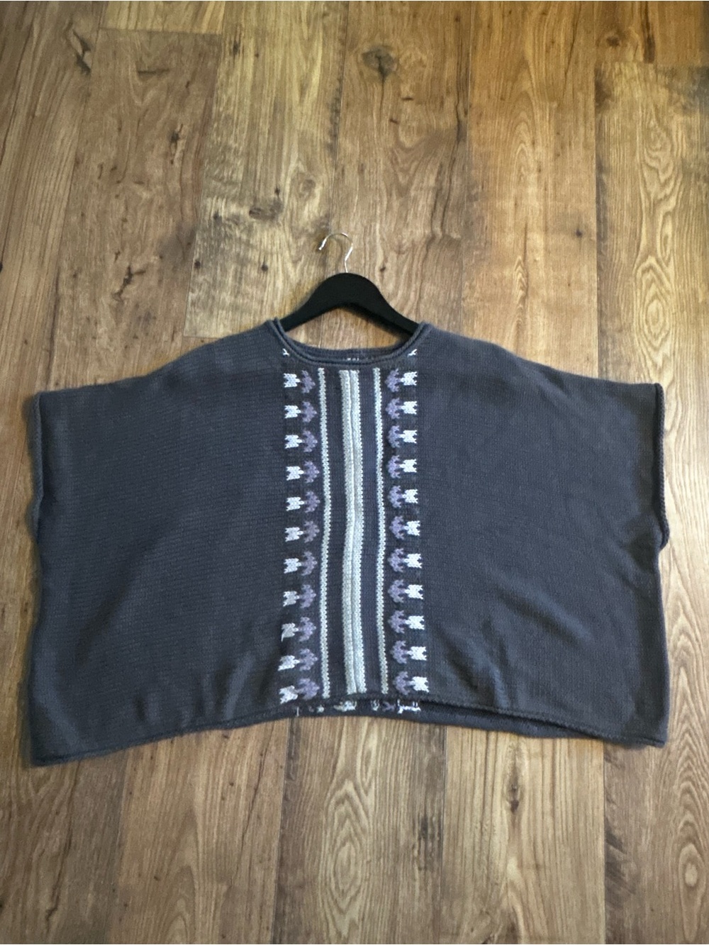 Tea Collection Kids Charcoal and Lavender Knit Poncho with Floral Center Stripe